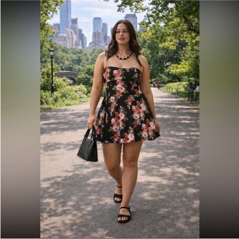 Strapless Black Floral Skater Dress - Pink Rose Print